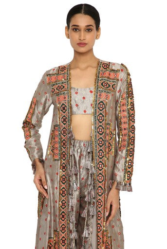 Hana Grey Colour Bandhani Silk Embroidered Jacket With Bustier And Jogger Pants Online Sale