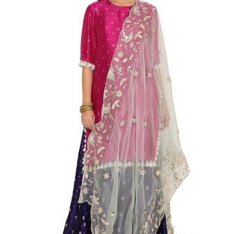 Seyah Pink Colour Bandhani Silk Kurta With Cobalt Blue Bandhani Silk Sharara And Powder Blue Embroidered Organza Dupatta For Discount