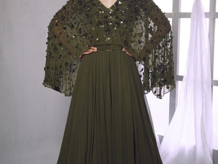 Olive Cape Anarkali Gown Hot on Sale