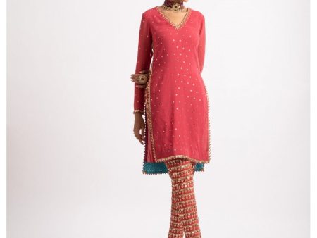 Deep Coral V Neck Heavy Pant Kurta Set Hot on Sale