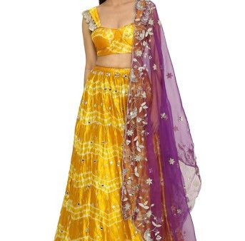 Daksha Mustard Colour Leheriya Silk Bustier With Embroidered Lehenga And Purple Organza Dupatta For Sale