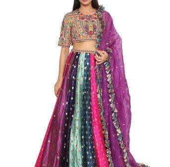 Tiana Yellow Colour Embroidered Choli With Multi Colour Bandhani Lehenga With Purple Mukaish Organza Dupatta With Tassels Supply