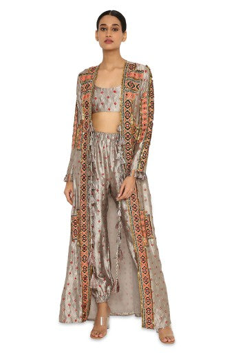 Hana Grey Colour Bandhani Silk Embroidered Jacket With Bustier And Jogger Pants Online Sale