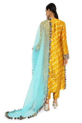 Anansi Mustard Colour Leheriya Silk Embroidered Kurta And Palazzo With Aqua Leheriya Organza Dupatta Supply