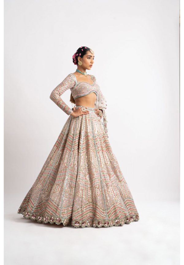 White Heavy Multi Geo Color Lehenga Set Cheap