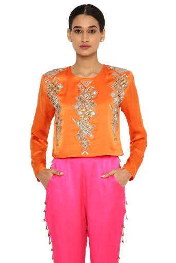 Amynah Orange Colour Satin Embroidered Top With Hot Pink Satin Pants For Sale