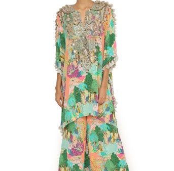 Charvi Peach Kuno Print Crepe Embroidered Kaftan With Palazzo Online Hot Sale