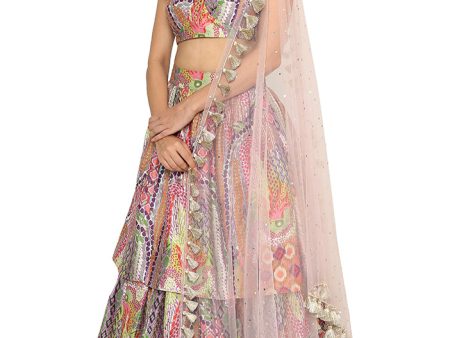 Zoha African Print Dupion Silk Bustier And Ruffled Skirt With Baby Pink Net Dupatta Online