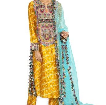 Anansi Mustard Colour Leheriya Silk Embroidered Kurta And Palazzo With Aqua Leheriya Organza Dupatta Supply