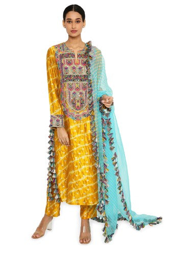 Anansi Mustard Colour Leheriya Silk Embroidered Kurta And Palazzo With Aqua Leheriya Organza Dupatta Supply