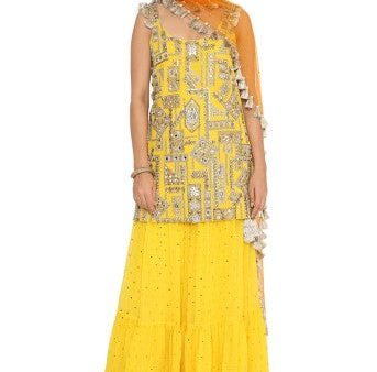 Banuka Yellow Colour Georgette Embroidered Kurta With Georgette Sharara And Net Dupatta Online