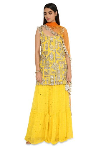 Banuka Yellow Colour Georgette Embroidered Kurta With Georgette Sharara And Net Dupatta Online