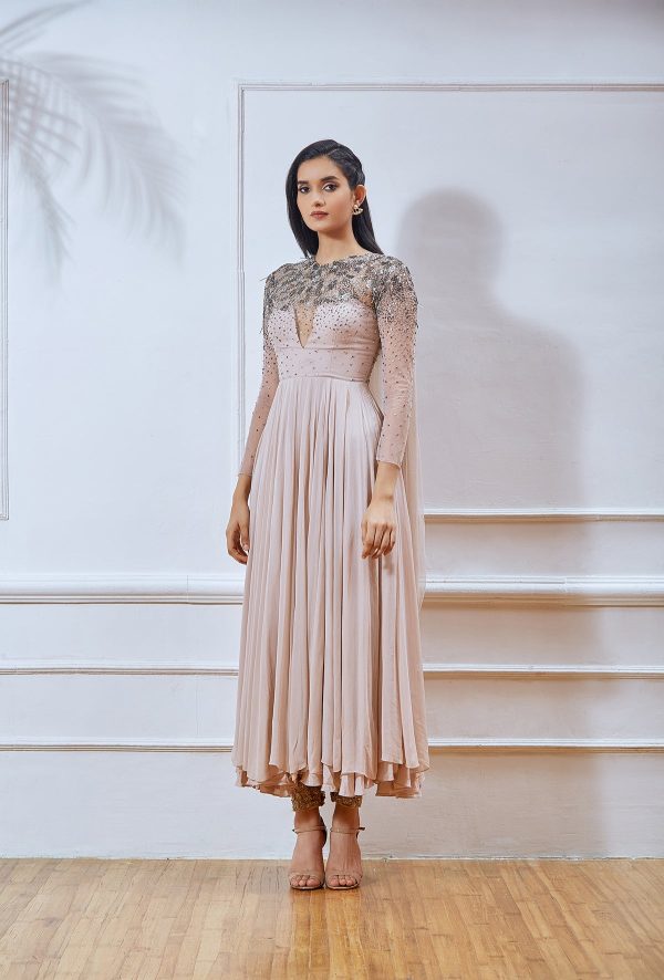 Dusty Pink Full Sleeve Embellished Short Anarkali Hot on Sale