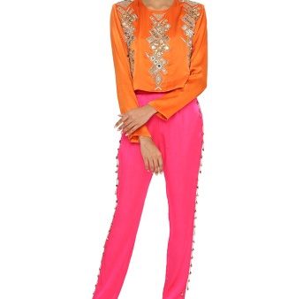 Amynah Orange Colour Satin Embroidered Top With Hot Pink Satin Pants For Sale