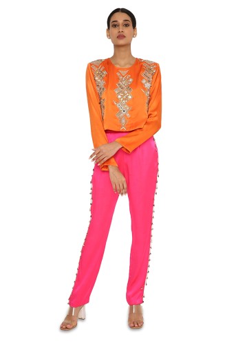 Amynah Orange Colour Satin Embroidered Top With Hot Pink Satin Pants For Sale