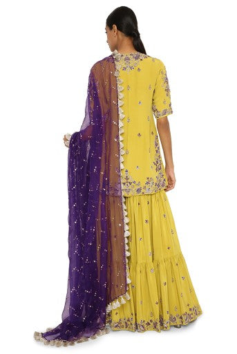 Imani Lime Green Colour Embroidered Kurta And Sharara With Purple Organza Dupatta Sale