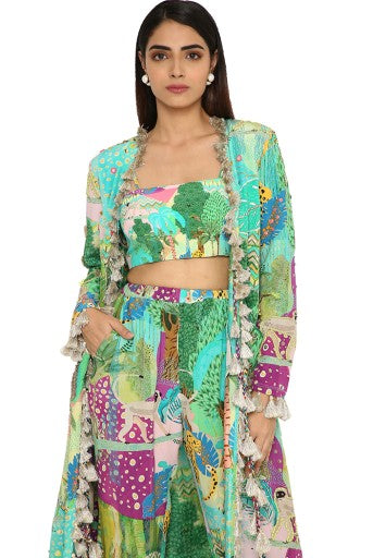 Insha Kuno Print Crepe Embroidered Jacket With Bustier And Jogger Pants Discount