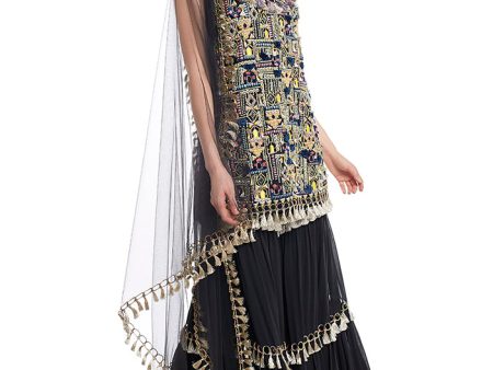 Black Multi-Color Embroidered Sharara Set For Discount