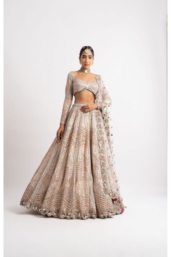 White Heavy Multi Geo Color Lehenga Set Cheap