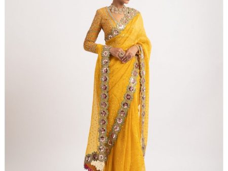 Yellow Hand Cut Mirror Border Saree Set For Cheap