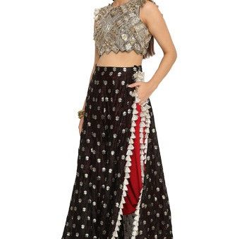 Bianca Black Colour Embroidered Choli With Black Bandhani Skirt And Maroon Colour Low Crotch Pants Online Sale