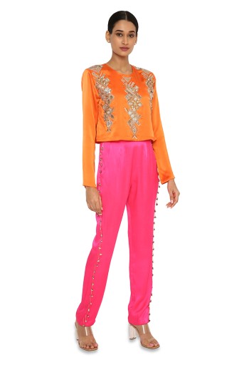 Amynah Orange Colour Satin Embroidered Top With Hot Pink Satin Pants For Sale