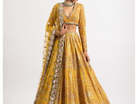 Yellow V Neck Heavy Multi Color Lehenga Set For Cheap