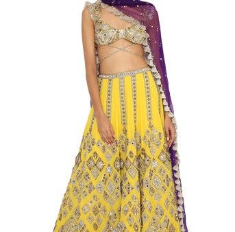 Zinnia Yellow Colour Georgette Embroidered Choli With Lehenga And Purple Organza Dupatta For Discount