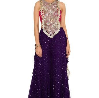 Alaine Hot Pink Colour Georgette Yoke Embroidered Bandhani Bustier And Purple Georgette Frill Sharara on Sale