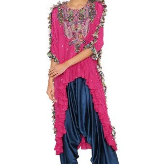 Asta Hot Pink Colour Silk Embroidered High-Low Kaftan With Midnight Blue Colour Salwaar Sale