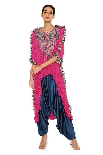 Asta Hot Pink Colour Silk Embroidered High-Low Kaftan With Midnight Blue Colour Salwaar Sale