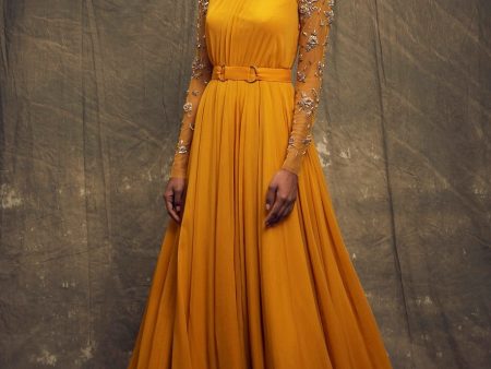 Mustard Gown with Embellished Long Sleeves Online now