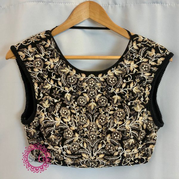 White Gold Floral Embroidered Black Blouse- Ready to Ship on Sale