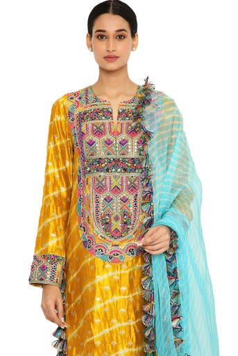 Anansi Mustard Colour Leheriya Silk Embroidered Kurta And Palazzo With Aqua Leheriya Organza Dupatta Supply