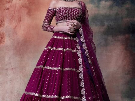 Wine Off Shoulder Tier Lehenga Set For Cheap