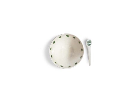 Ceramic Bowl with Spring Green Dots and Spoon Online Hot Sale