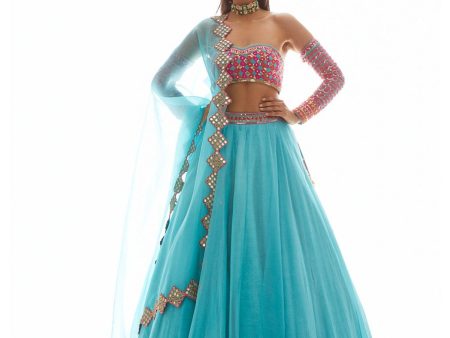 Aqua Applique Lehenga Set Sale