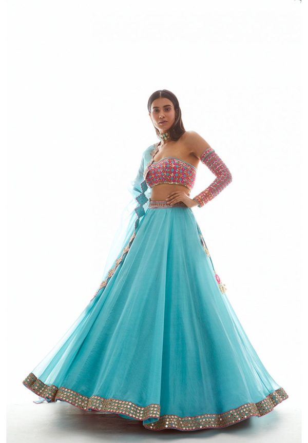 Aqua Applique Lehenga Set Sale