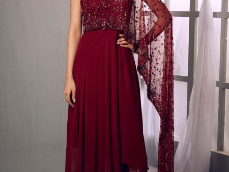 Maroon asymmetric embellished anarkali Online Hot Sale