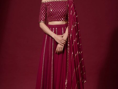 Wine Off Shoulder Blouse Lehenga Pants Set Discount