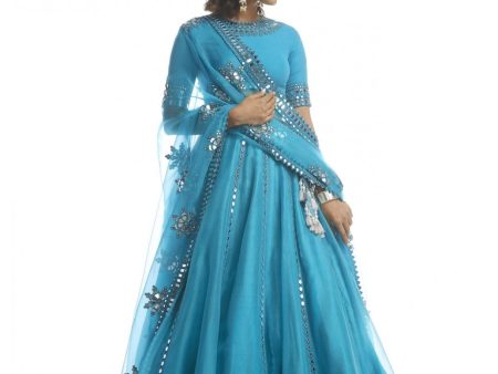 Turquoise Blue Mirror Cut Work Lehanga Set Online Hot Sale